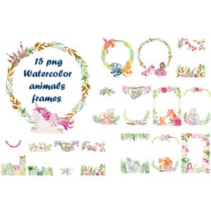 Molduras de animais em aquarela png, clipart infantil, chá de bebê, unicórnio, mamãe e filhotes de animais, raposa, lhama.