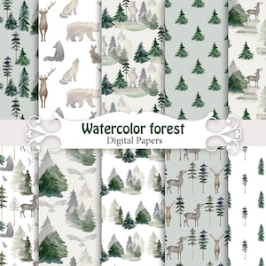 Carte digitali con acquerelli e foreste, carte per album di ritagli con animali, motivi senza soluzione di continuità, sfondi digitali.