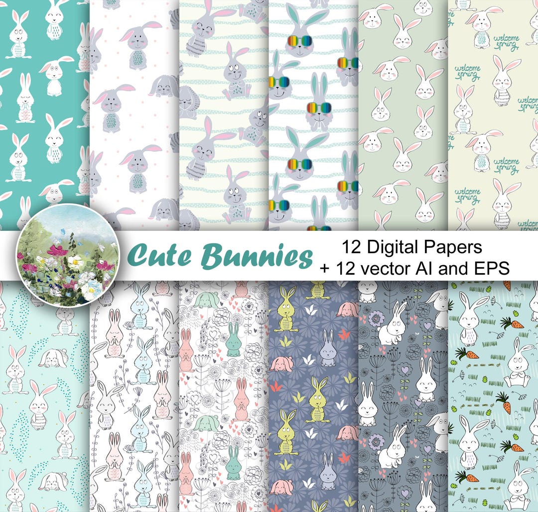 Vector Cute Bunnies Seamless Patterns, Digital Editable Scrapbook ...