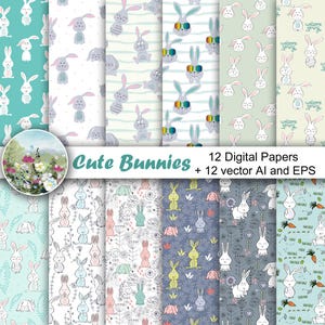 Könnte beinhalten: Eine Sammlung digitaler Papiere mit niedlichen Hasenmustern. Die Designs umfassen Hasen mit Sonnenbrillen, gestreifte Hintergründe und florale Elemente. Der Text "Cute Bunnies" und "12 Digital Papers + 12 vector AI and EPS" ist ebenfalls sichtbar.