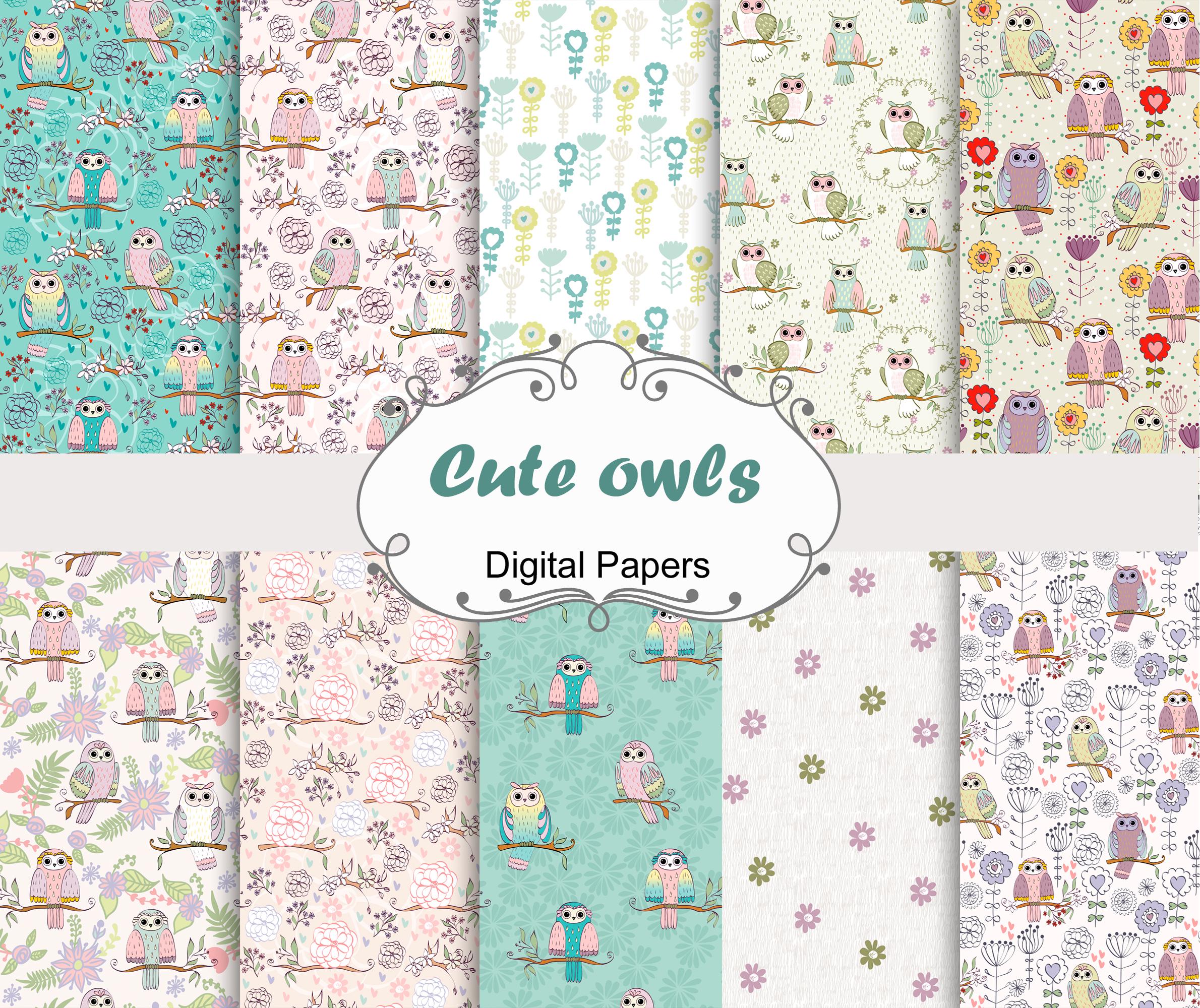 Cute owls papers, kids paper pack, birds seamless patterns, flowers background, nursery art.