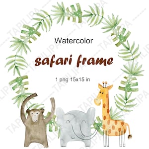 Cadre d'animaux à l'aquarelle, jolie fête de naissance, couronne d'animaux de safari drôle, singe, girafe, éléphant.