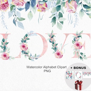 Clipart de alfabeto floral de acuarela, monograma inicial de boda digital, letras y números personalizados, marco de rosas rosadas.