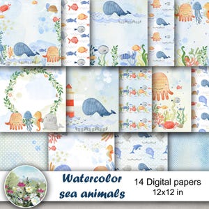 Carte per scrapbooking con animali marini acquerellati, motivi senza soluzione di continuità per bambini.