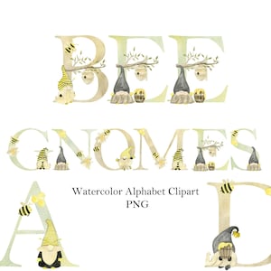 May include: Watercolor alphabet clipart featuring the letters BEE GNOMES AND, with each letter decorated with bees, gnomes, and honeycomb. The letters are in a light yellow and green color scheme.