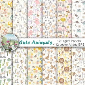 Carte vettoriali con simpatici animali da safari, modelli senza soluzione di continuità per neonati, carte per scrapbooking per bambini, eps, download digitale.