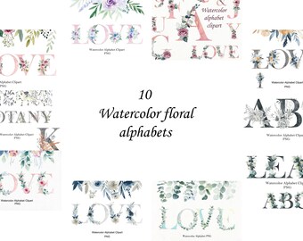 Watercolor floral alphabet clipart bundle, pink roses, black letters and numbers, png, name creator, wedding monogram.