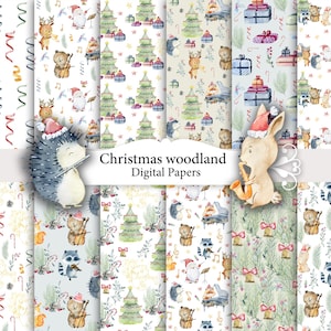 Animaux de la forêt de Noël à l'aquarelle, motifs sans couture, papier de scrapbooking numérique, orchestre, musique.