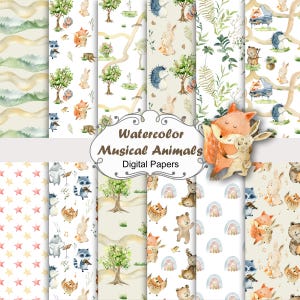 Watercolor Forest animals, Seamless Patterns, Digital Paper, Scrapbooking, Baby Nursery Art, Orchestra, Music.