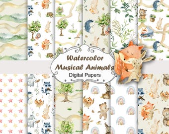Animali della foresta acquerellati, motivi senza soluzione di continuità, carta digitale, scrapbooking, arte per la cameretta dei bambini, orchestra, musica.