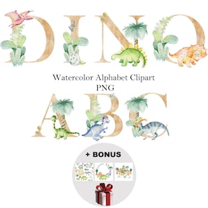 Alfabeto clipart de dinosaurios de acuarela, letras y números dorados.