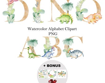 May include: Watercolor alphabet clipart featuring the letters D, I, N, O, A, B, and C. Each letter is decorated with dinosaurs, palm trees, and ferns. The letters are in a gold color with a watercolor effect. The text "Watercolor Alphabet Clipart PNG" is below the letters. The text "BONUS" is below the letters with three images of circular designs with dinosaurs and plants. A gift box with a red bow is below the bonus images.