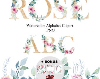 Könnte beinhalten: Aquarell-Alphabet-Clipart mit goldenen Buchstaben, verziert mit rosa Rosen und grünem Laub. Das Bild zeigt die Buchstaben ROSE und ABC sowie zusätzliche florale Designs und eine Geschenkbox. Der Text lautet "Watercolor Alphabet Clipart PNG".