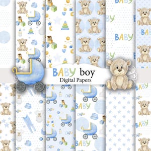 Papiers aquarelle pour garçon, motifs sans couture pour bébé, paquet de papiers de scrapbooking.