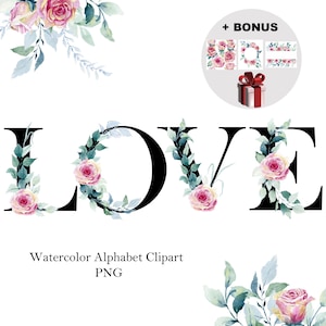 Alfabeto floral em aquarela, rosas cor de rosa, letras e números pretos, png, clipart de flores, criador de nomes, monograma, bônus.