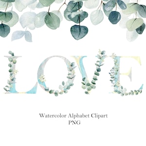 Aquarel bloemen alfabet clipart, eucalyptus bladeren letters en cijfers png voor monogram kunst, huwelijksuitnodigingen, instant download.