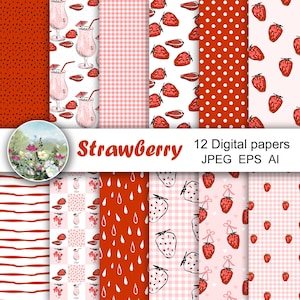Paquet de papier numérique aux fraises, motifs vectoriels sans couture.