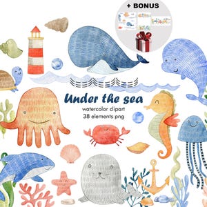 Aquarell Meerestiere, Kinder Clipart, Delfin, Wal, Krake.