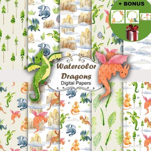 Papeles de dragones de acuarela, patrones sin costuras.