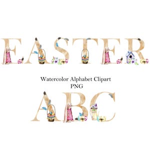 Clipart aquarelle alphabet de Pâques, lettres et chiffres dorés, initiale du monogramme, png.