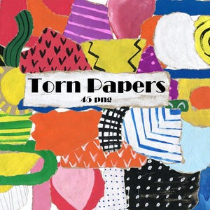 May include: A collection of 45 torn paper textures in various colors and patterns, including yellow, blue, green, red, orange, black, and white. The papers are arranged in a collage-like style, with some overlapping and some torn edges. The text "Torn Papers 45 png" is visible in the center of the image.