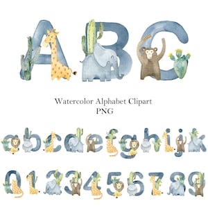 Alfabeto de animais de safári em aquarela, letras azuis e números clipart, letras maiúsculas e minúsculas, monograma png, arte de chá de bebê.