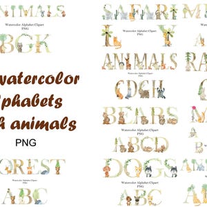 Alfabeto clipart de animais em aquarela, conjunto de letras e números, ursos, cachorros, coelhos, arte de berçário.
