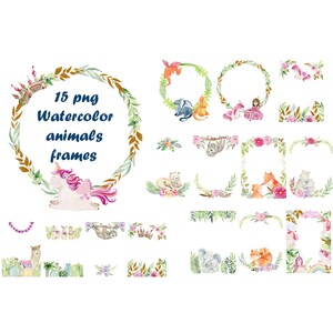 May include: A collection of 15 watercolor animal frames in PNG format. The frames feature various animals, including a unicorn, sloth, fox, and dragon, surrounded by floral and leaf designs. The text "15 png Watercolor animals frames" is displayed in blue.