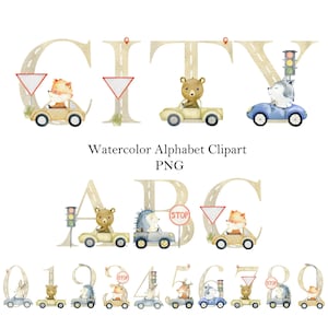 Animais em aquarela em carros, alfabeto clipart, letras e números fofos png, raposa, ouriço, urso, veado, coelho, lobo.