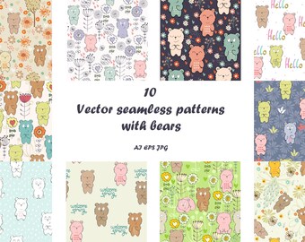 Vector bears papers, forest animal seamless patterns, digital papers pack, baby nursery art.