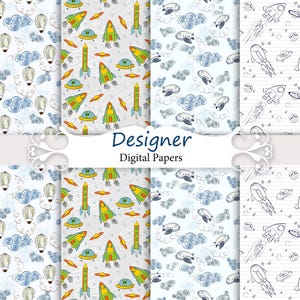 May include: A collection of digital papers with various space and travel-themed patterns. Designs include rockets, UFOs, hot air balloons, clouds, and airplanes in shades of blue, green, yellow, and gray. The text "Designer Digital Papers" is displayed.
