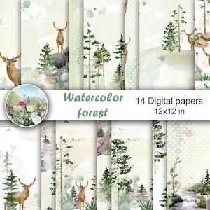 May include: Watercolor forest digital papers. The image shows 14 sheets of digital paper, each 12x12 inches. The papers feature watercolor illustrations of deer, trees, and forest scenes in shades of green, brown, and beige. The text "Watercolor forest" is also visible.