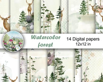 Aquarel bospapier, dieren plakboekpapier, naadloze patronen, digitale achtergrond, hert.