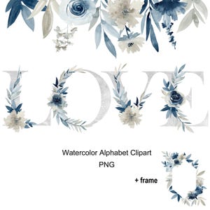Alfabeto floral de acuarela, imágenes prediseñadas: letras y números índigo y gris, PNG, arte de monograma, flores, marco.