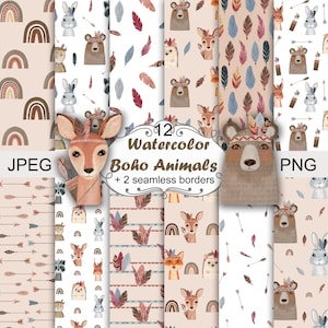 Animaux bohèmes, papiers animaux de la forêt png, modèles sans couture pour enfants, plume, flèches, arc-en-ciel, papier de scrapbooking, ours, hibou, renard, hérisson.