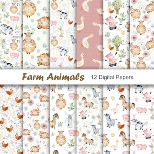 May include: A set of 12 digital papers showcasing watercolour illustrations of farm animals. Designs include sheep, cows, pigs, chickens, ducks, and horses, set against diverse backgrounds with floral and polka dot patterns. The text "Farm Animals" is displayed.