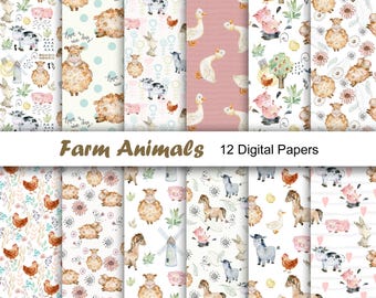 May include: A collection of 12 digital papers featuring watercolor illustrations of farm animals. The designs include sheep, cows, pigs, chickens, ducks, and horses, set against various backgrounds with floral and polka dot patterns. The text "Farm Animals" is displayed.