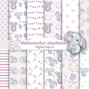 Elefanti acquerellati, carte con animali, motivi senza soluzione di continuità per neonati, carte per scrapbooking digitali, neonata rosa.