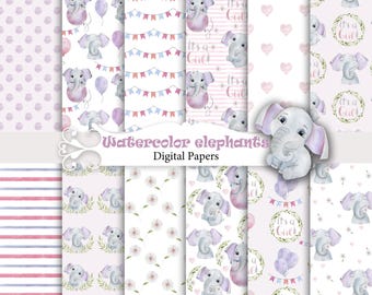 Watercolor elephants, animals papers, baby seamless patterns, digital scrapbook papers, pink baby girl.