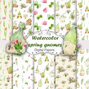 Watercolor spring gnomes papers, seamless patterns.