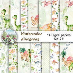 May include: A set of 14 digital papers featuring watercolor illustrations of dinosaurs in various poses and colors. The papers are 12x12 inches and are perfect for scrapbooking, card making, and other craft projects.