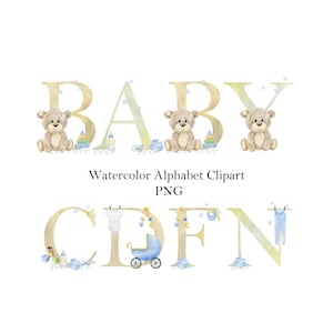 Alfabeto de acuarela para bebé niño, baby shower, letras lindas, números, creador de nombres, monograma, clipart png.