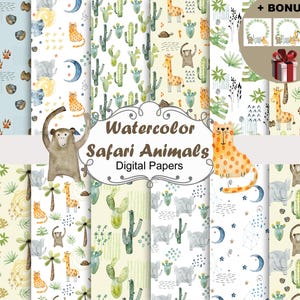 Watercolor safari animals papers, kids seamless patterns, frames.