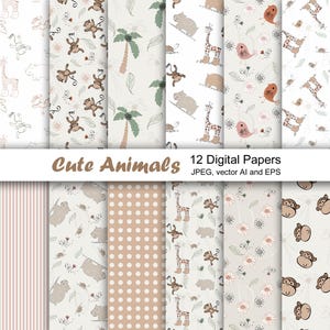May include: A collection of 12 digital papers featuring various patterns with cute animal illustrations. Designs include giraffes, monkeys, hippos, birds, palm trees, and floral elements. The color palette is soft, with beige, brown, and green tones. The text "Cute Animals" is displayed.