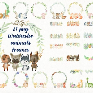 Cadres d'animaux à l'aquarelle, cliparts pour enfants, baby shower, animaux de la forêt, chiens, renards, dinosaures, cochons, animaux de la ferme, animaux de safari.