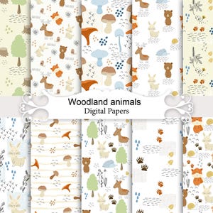 Cute forest animals papers, Seamless Patterns, Digital Paper, Mushrooms, Scrapbooking, Baby Nursery Art.