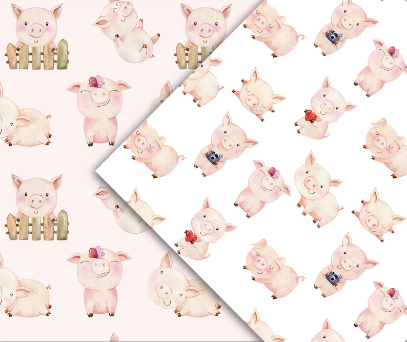 Watercolor Pigs, Farm Animals Seamless Patterns - Baby Scrapbook Papers ...