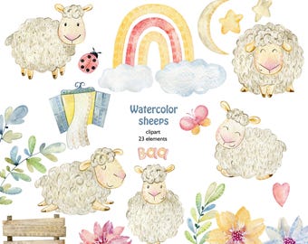 Watercolor sheep, farm animals, kids clipart, nursery art, floral, watercolor elements png, digital download.