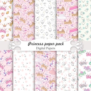 Può includere: Un set di 10 carte digitali con motivi a tema principessa. I motivi includono corone, castelli, unicorni e altri design fantasiosi in rosa, bianco e blu.