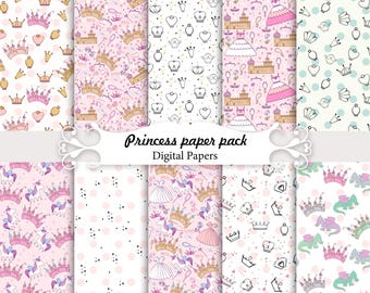 Princess papers, crown seamless patterns, kids scrapbook papers, unicorn.